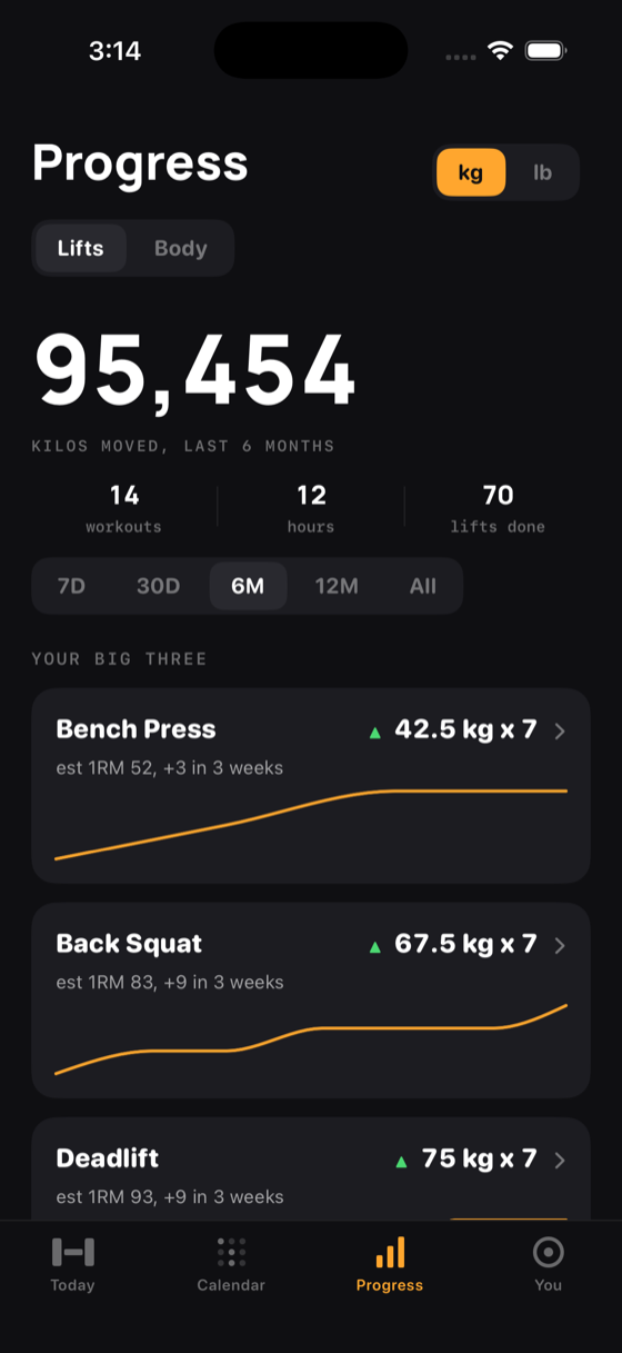 Progress charts in TagdiBody showing maximum weight lifted per session for an exercise.