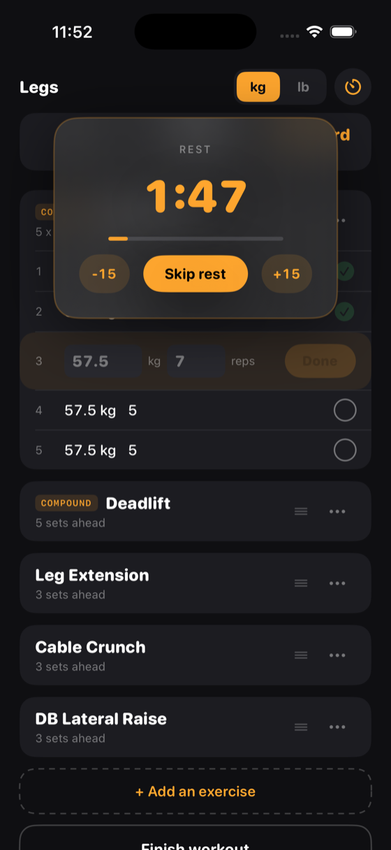 TagdiBody counting down rest between sets, with the next set held until the timer finishes.