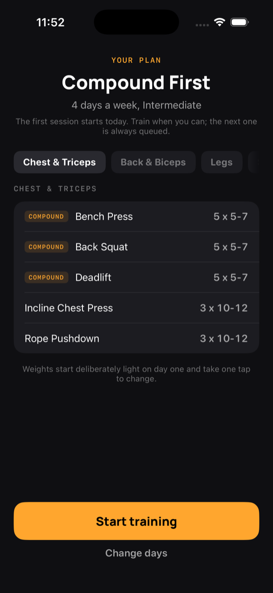 A generated four day plan in TagdiBody, showing each training day and the exercises in it.
