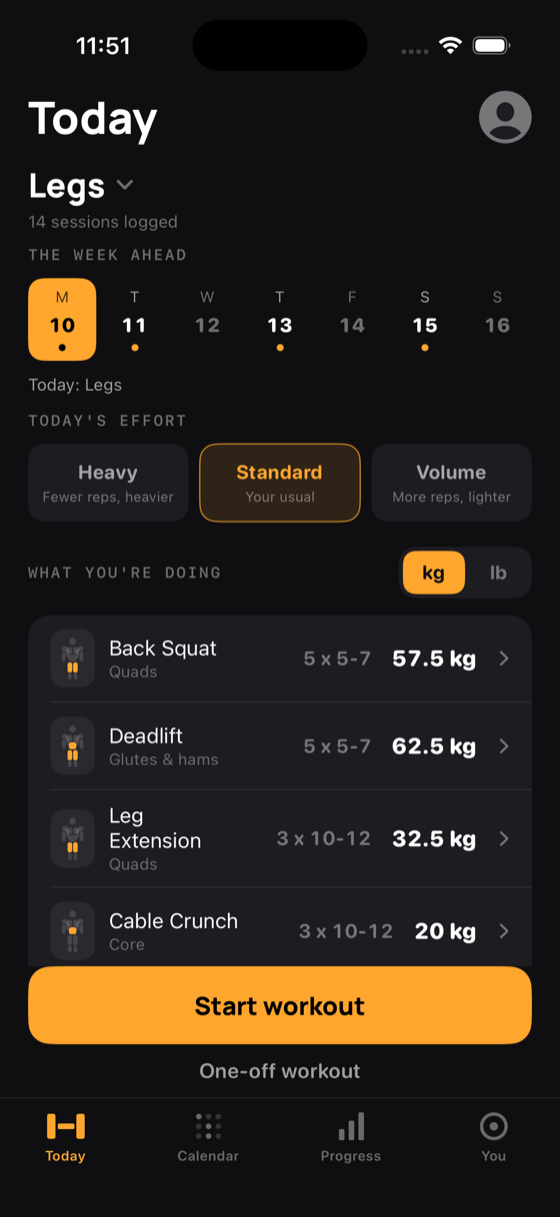 The Today screen in TagdiBody, listing Back Squat, Deadlift, Leg Extension and Cable Crunch with the sets, rep range and exact weight for each.
